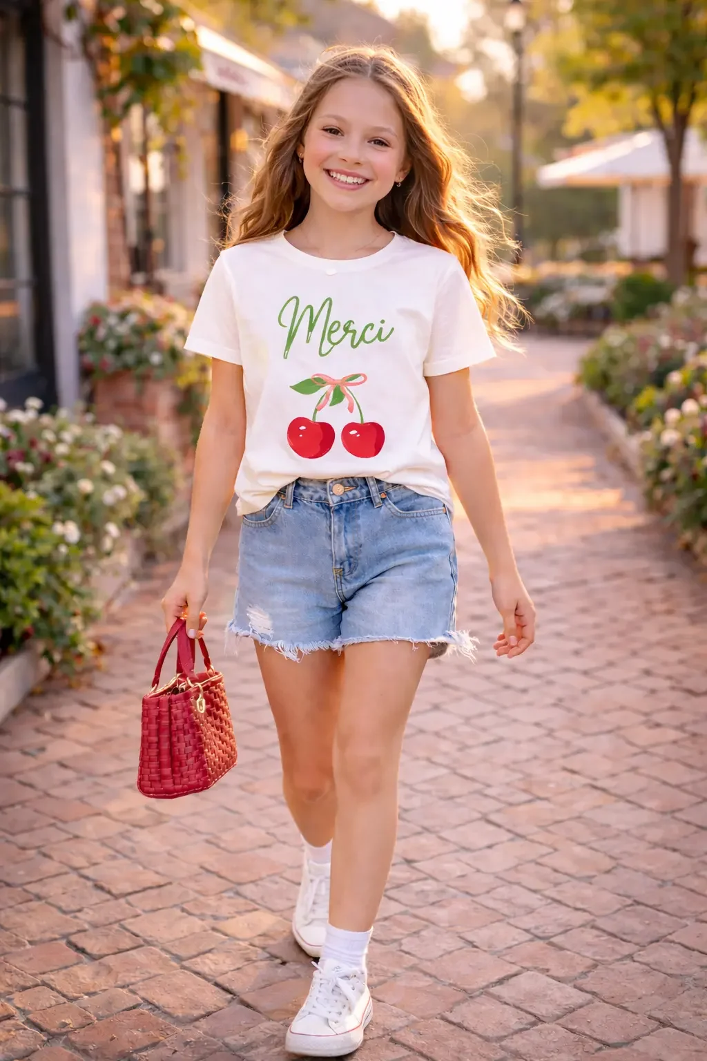 Smiling young girl walking down a brick path wearing a white "Merci" cherry graphic t-shirt, denim shorts, and holding a red woven handbag.