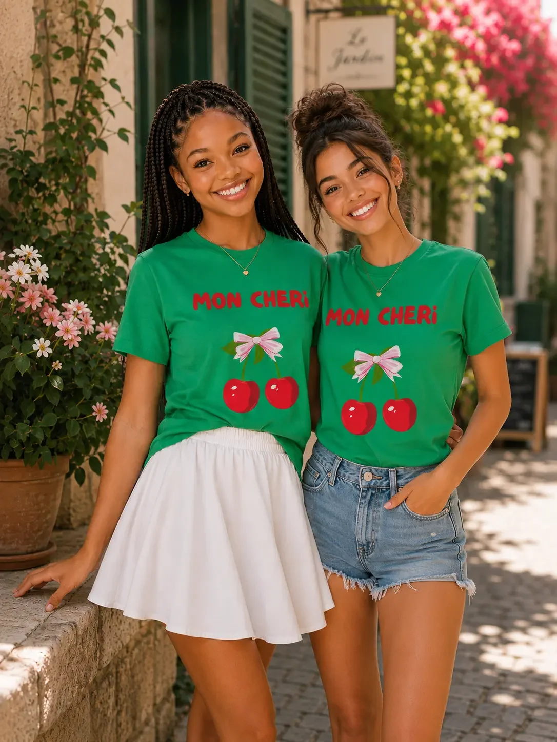 Two smiling women matching in green "Mon Cheri" cherry graphic t-shirts, one in a white skirt and one in denim shorts.