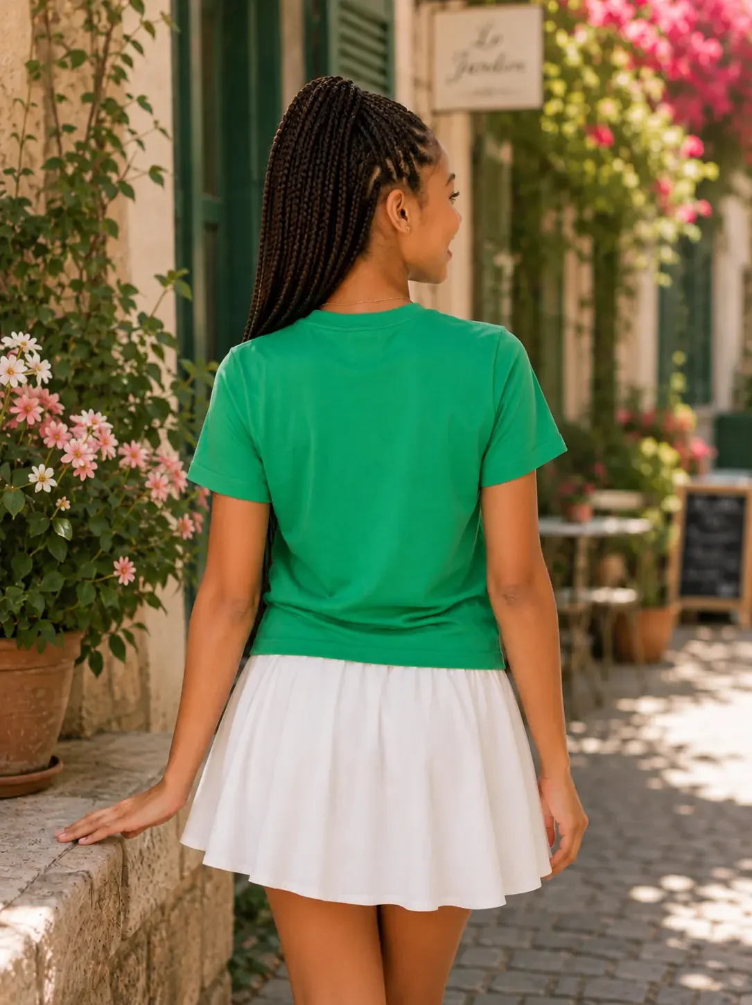 Back view of a woman with long braids wearing a plain green short-sleeve t-shirt and white pleated skater skirt.