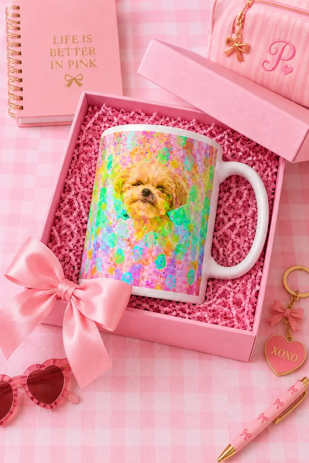 Watercolor dog mug inside an opened pink gift box with a bow, surrounded by pink preppy stationery and accessories.