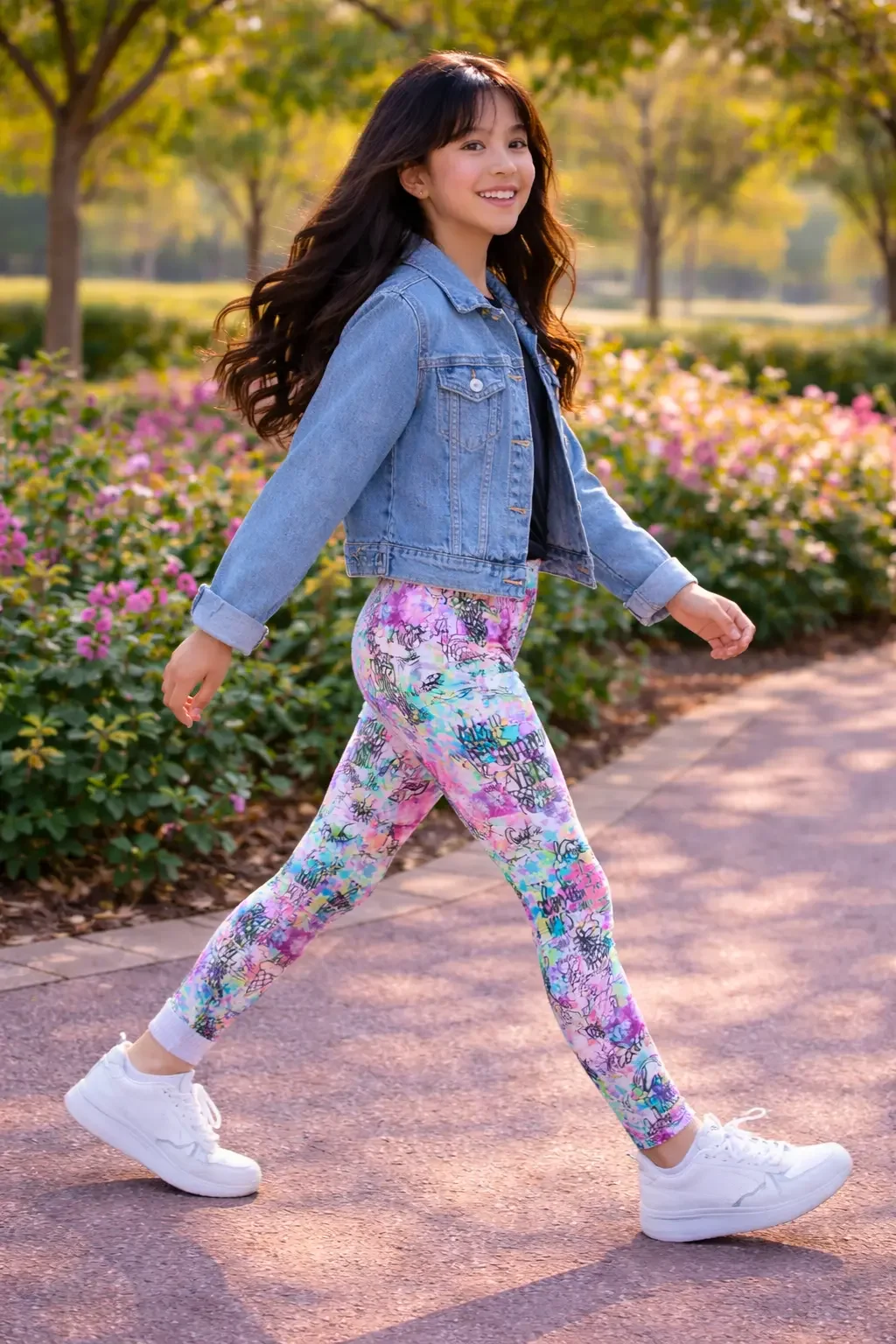 Side view of girls full-length athletic leggings featuring a colorful doodle and graffiti pattern, showing a flexible fit on an outdoor path.