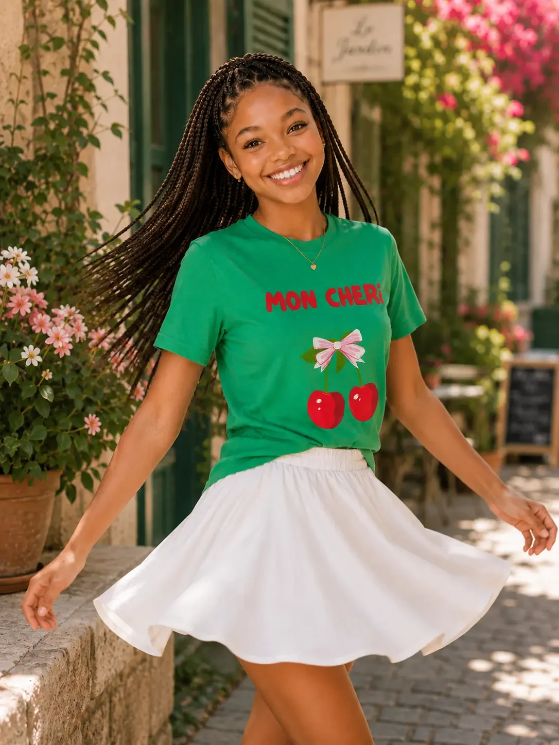 smiling-woman-spinning-green-cherry-tshirt-white-skirt.webp
