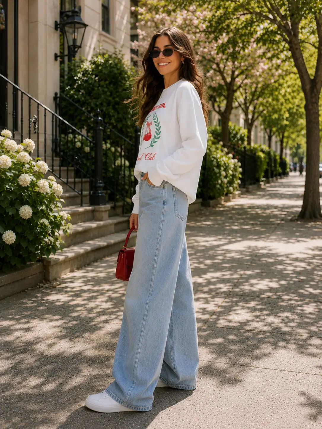 Side view of a white cherry graphic sweatshirt styled with oversized wide-leg light blue jeans and white platform sneakers.