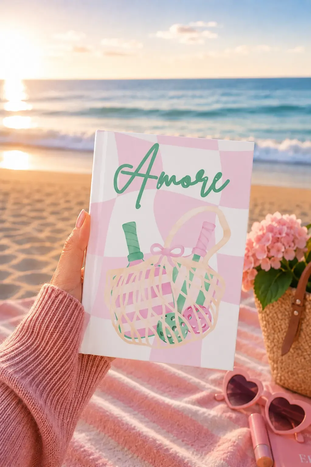 A hand holding a pink checkered "Amore" pickleball illustration notebook on a beach picnic blanket at sunset by the ocean.