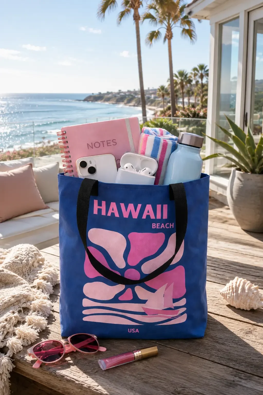Blue canvas tote bag printed with a pink retro Hawaii design, packed with a pink notebook, water bottle, striped towel, and phone.