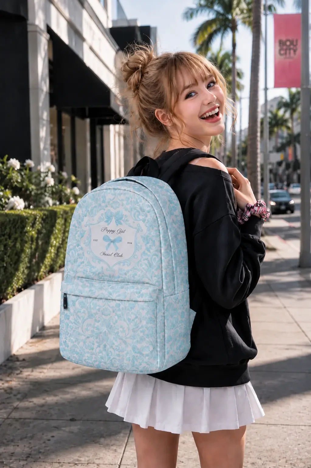 Blue Damask Preppy Girl Social Club Backpack