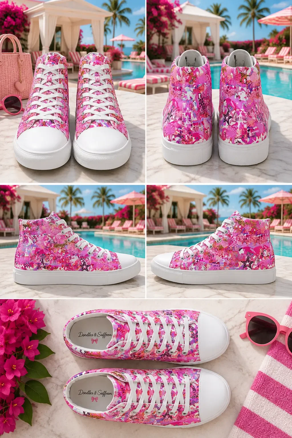 Collage showing five product views of bright pink graffiti print canvas high-top sneakers by a resort pool.
