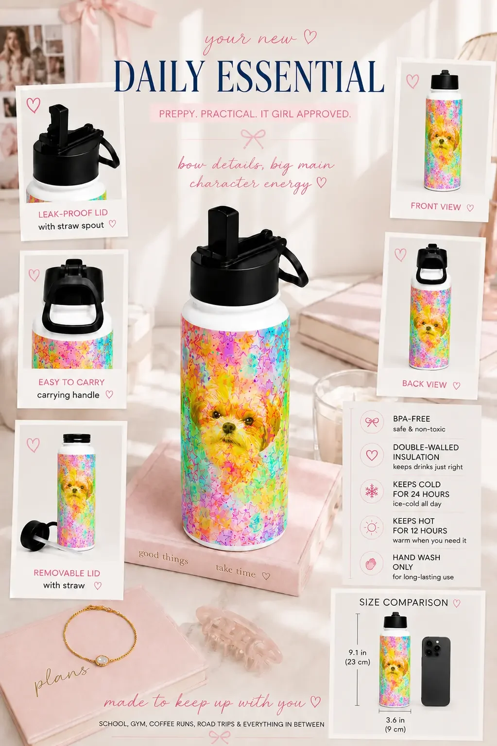 Infographic showcasing a colorful puppy water bottle's features, insulation stats, and size dimensions.