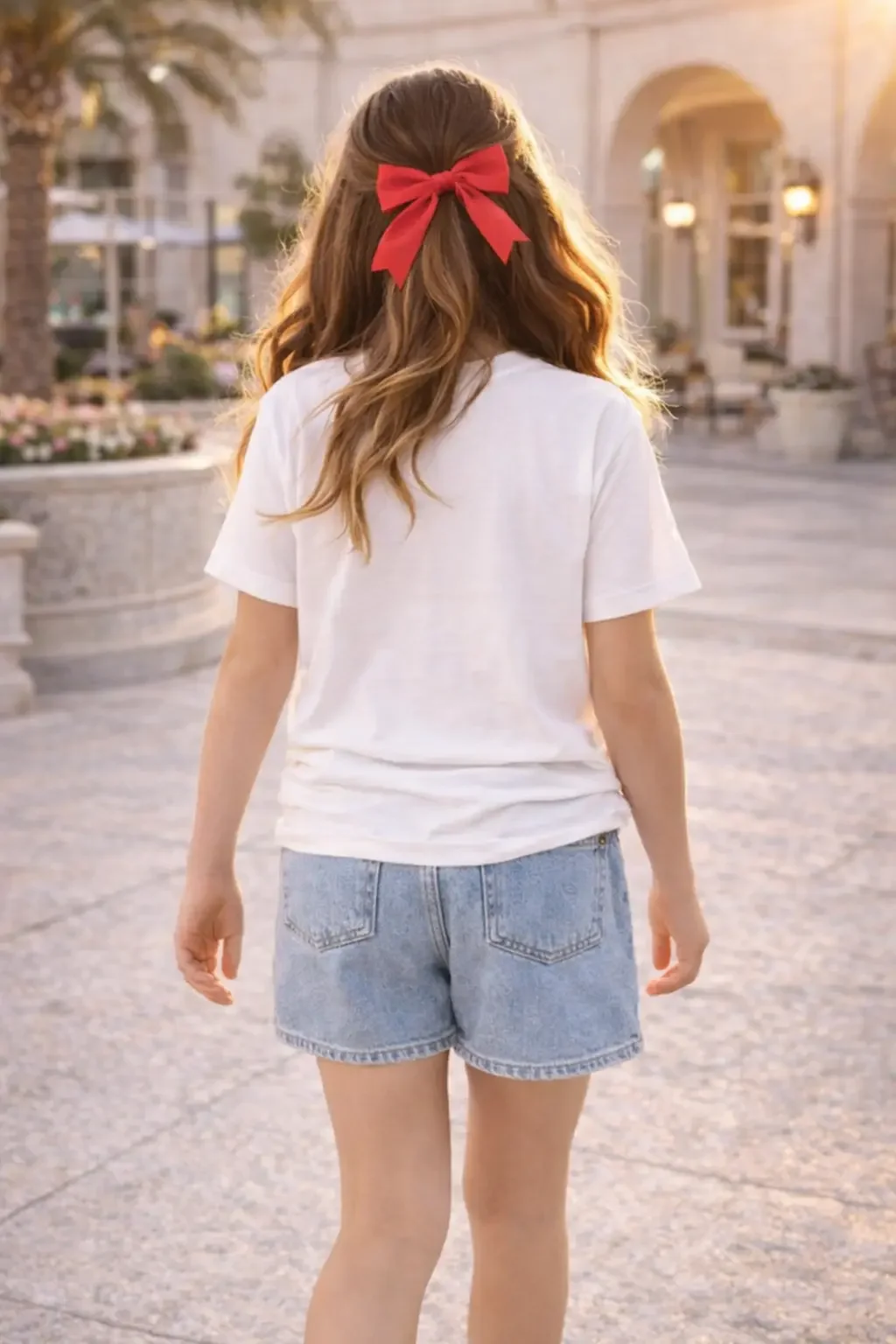 Back view of a girl walking down an outdoor path wearing a plain white t-shirt, denim shorts, and a large red hair bow.