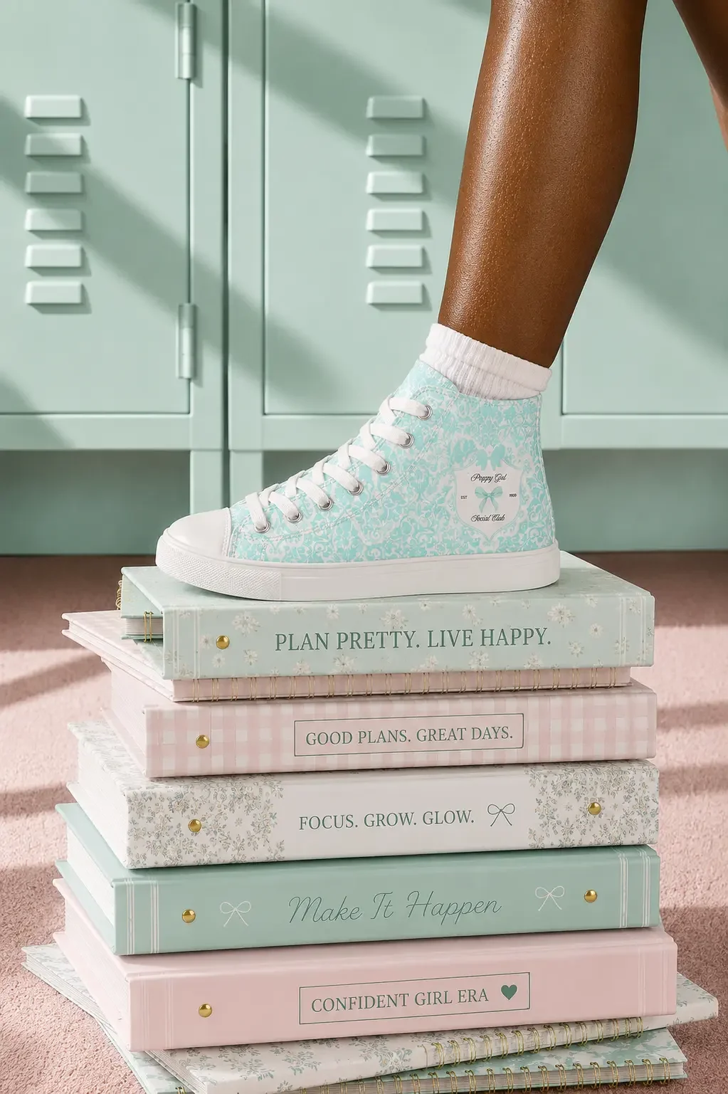 Coquette Bow Mint Damask High Top Sneakers