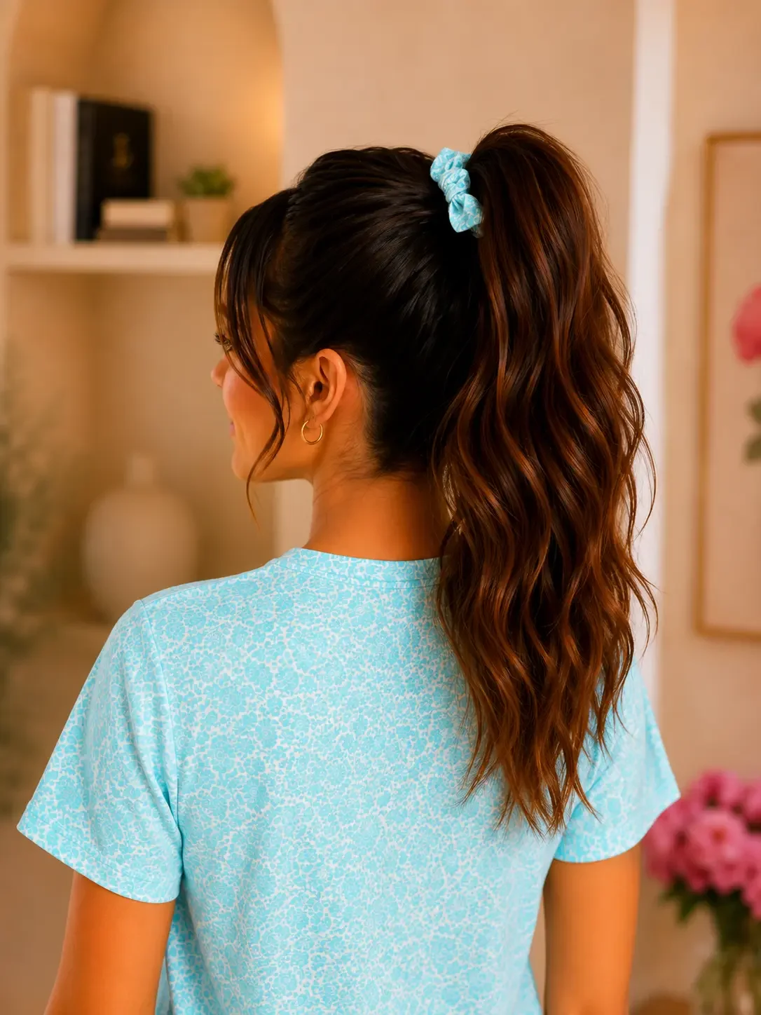 Back view of a woman with brunette hair in a high ponytail secured by a blue floral scrunchie and matching graphic top.