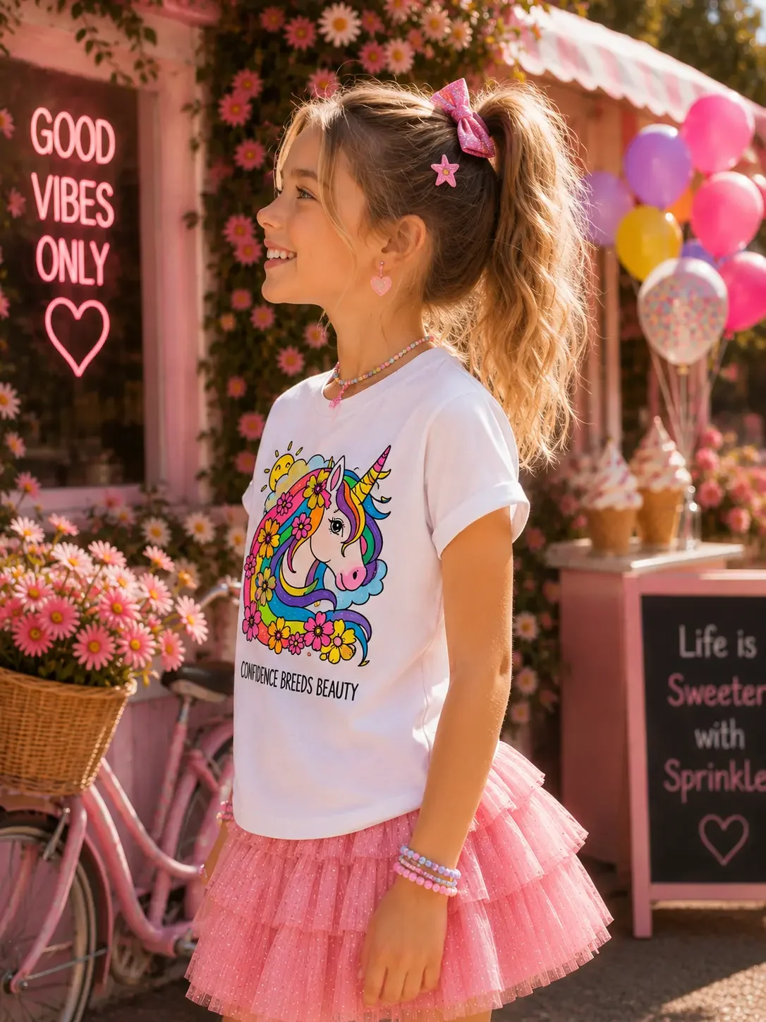 Side view of a smiling woman in a colored unicorn graphic t-shirt and pink tiered ruffle skirt outside a pastel shop.