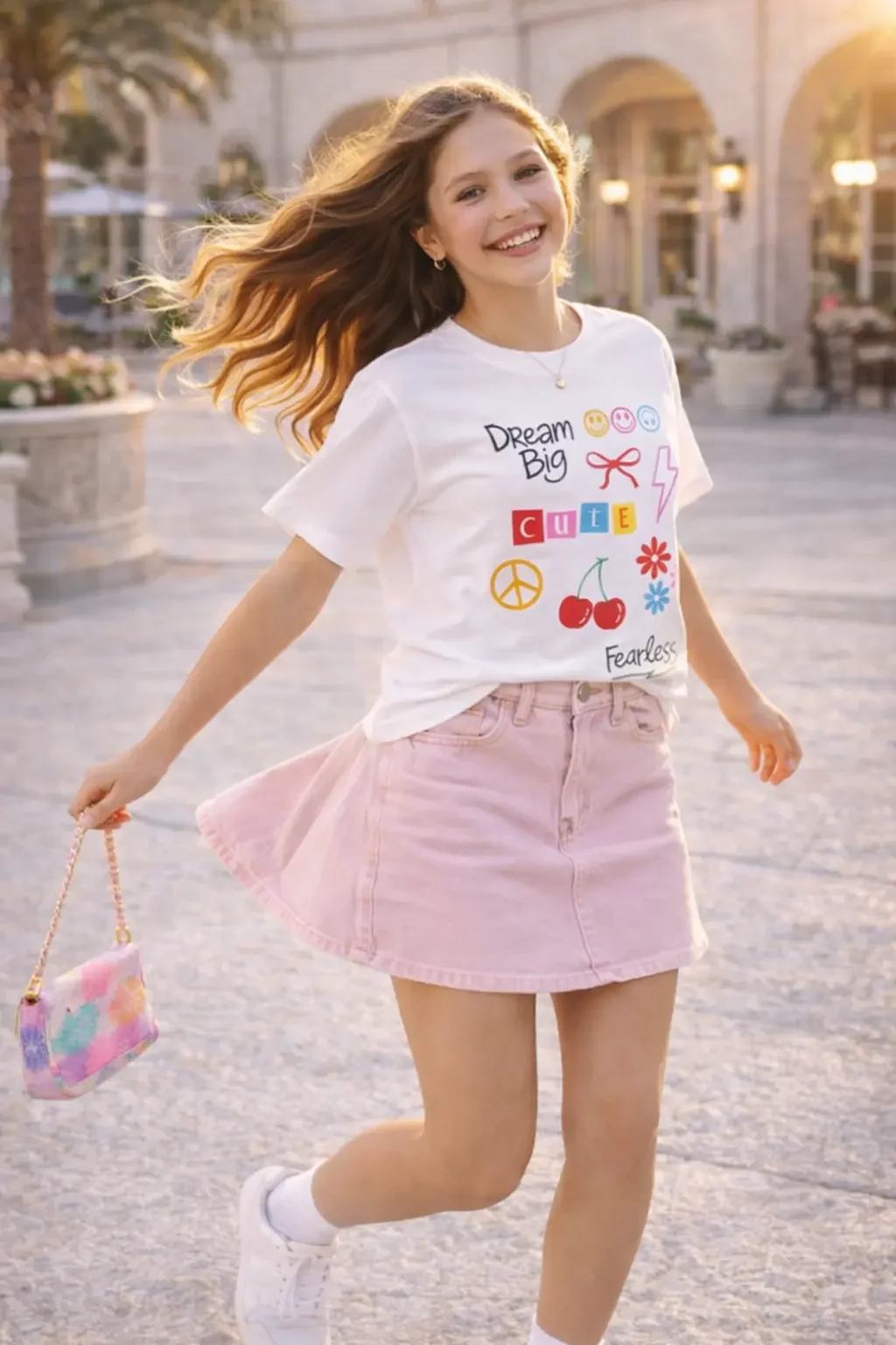 Action shot of a smiling girl spinning on an outdoor path wearing a white "Dream Big" doodle tee and a light pink denim skirt.