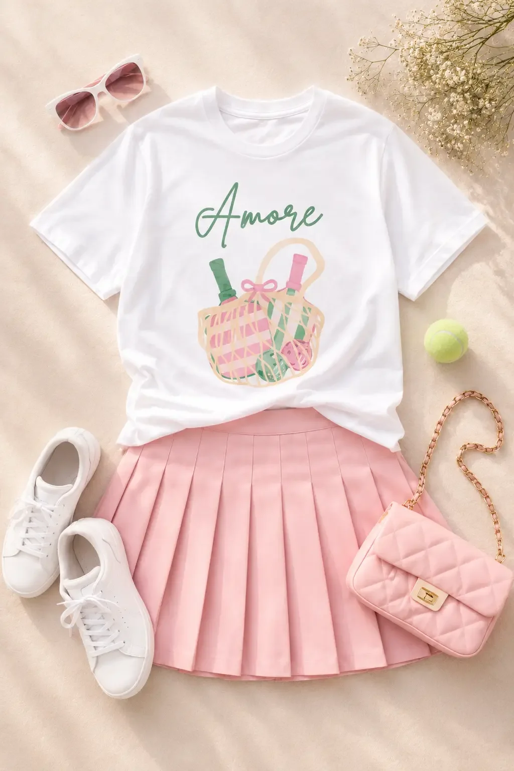 Flat lay displaying a white Amore pickleball tee, pink pleated skirt, white sneakers, quilted pink bag, and sunglasses.