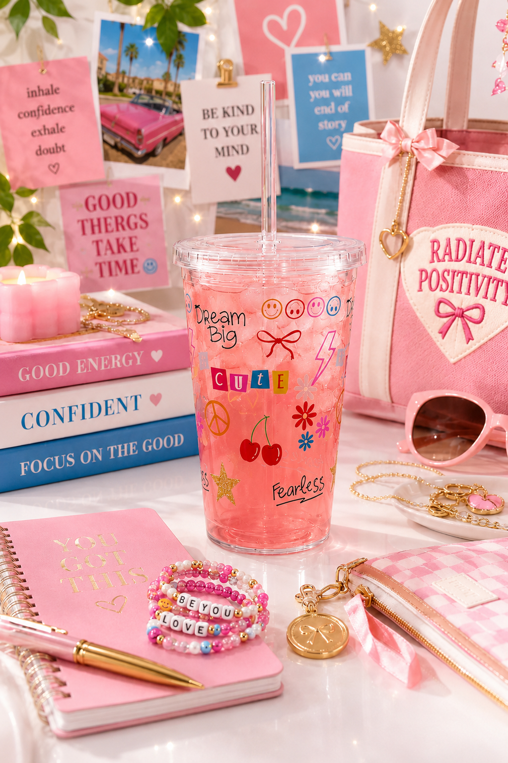 A clear plastic tumbler filled with a pink drink, decorated with colorful preppy Y2K doodles, cherries, and smiley faces.