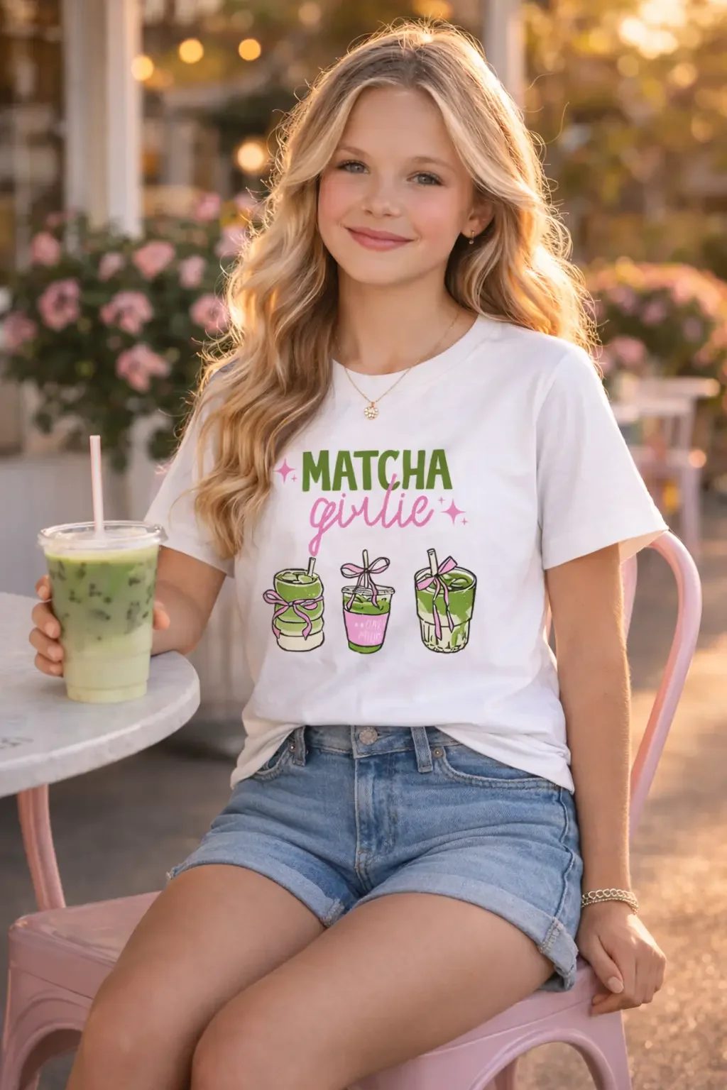 Girl sitting at an outdoor table holding an iced drink while wearing a white matcha girlie graphic t-shirt and denim shorts.