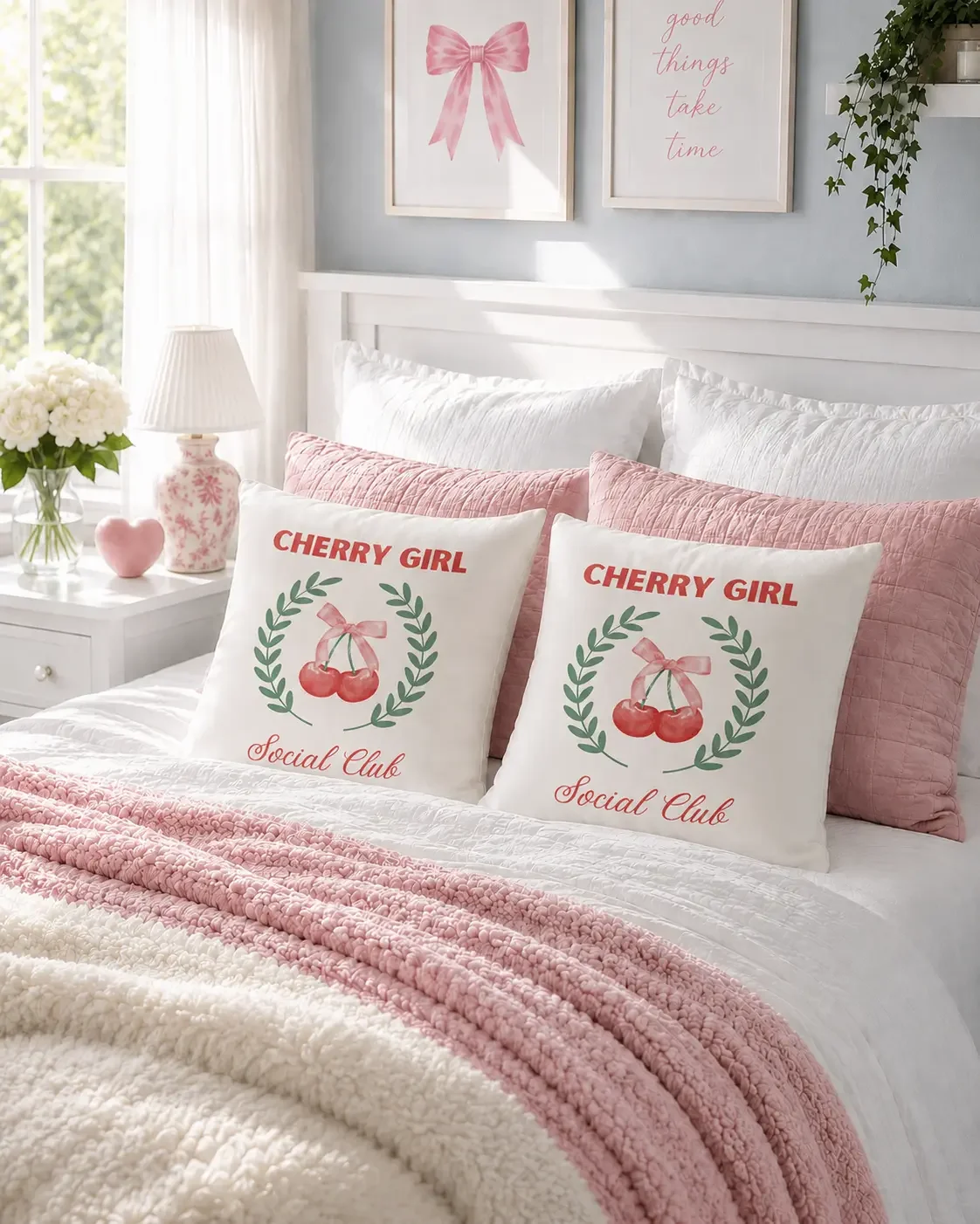 A matching set of white square pillows printed with cherry wreaths displayed on a bed below framed wall art prints.