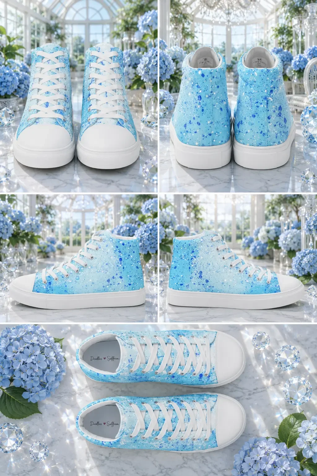 A multi-angle grid collage showcasing light blue paint splatter print high-top canvas sneakers from five different perspectives.