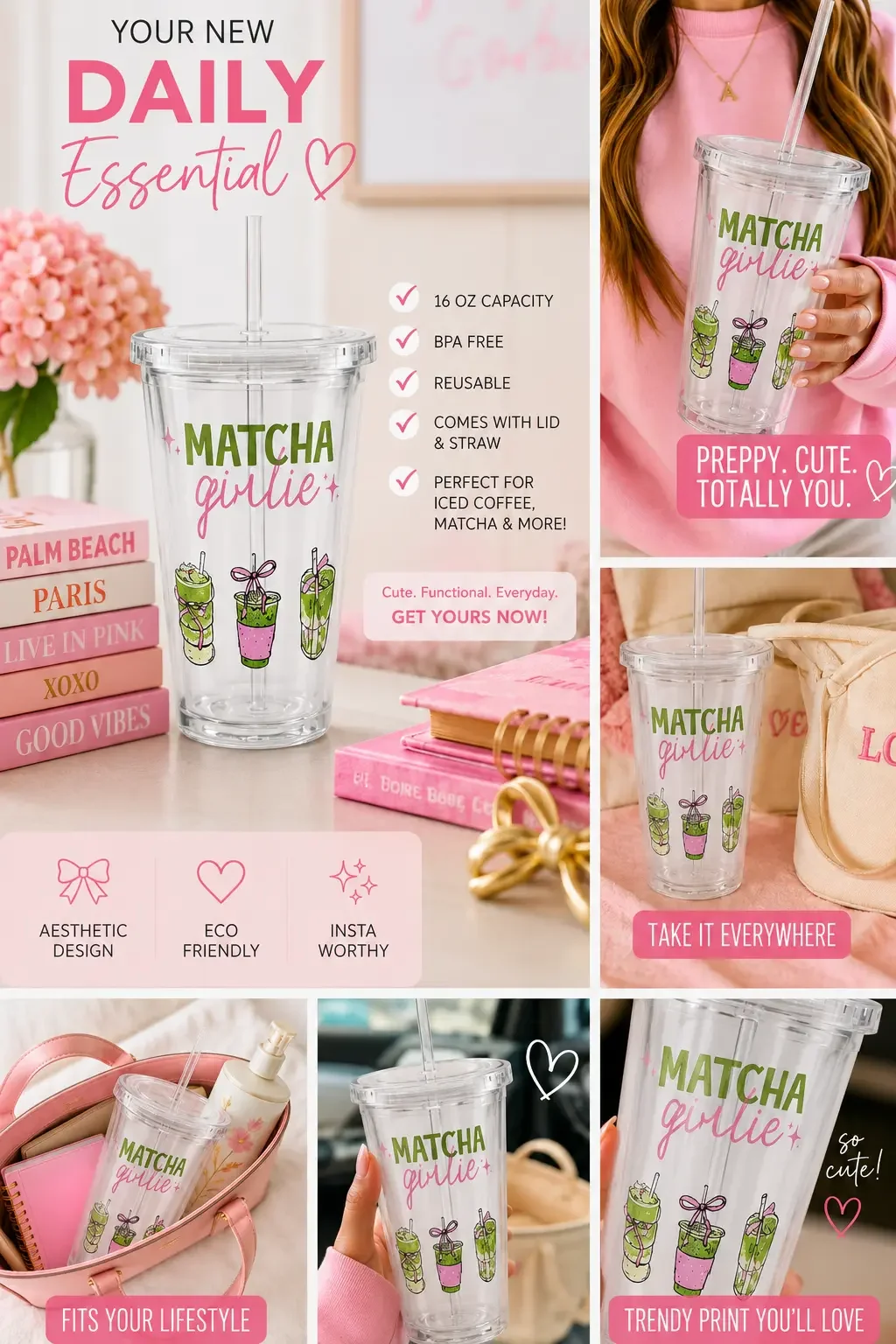 Infographic collage for a "Matcha Girlie" preppy tumbler cup, detailing its 16oz reusable features and lifestyle photos.