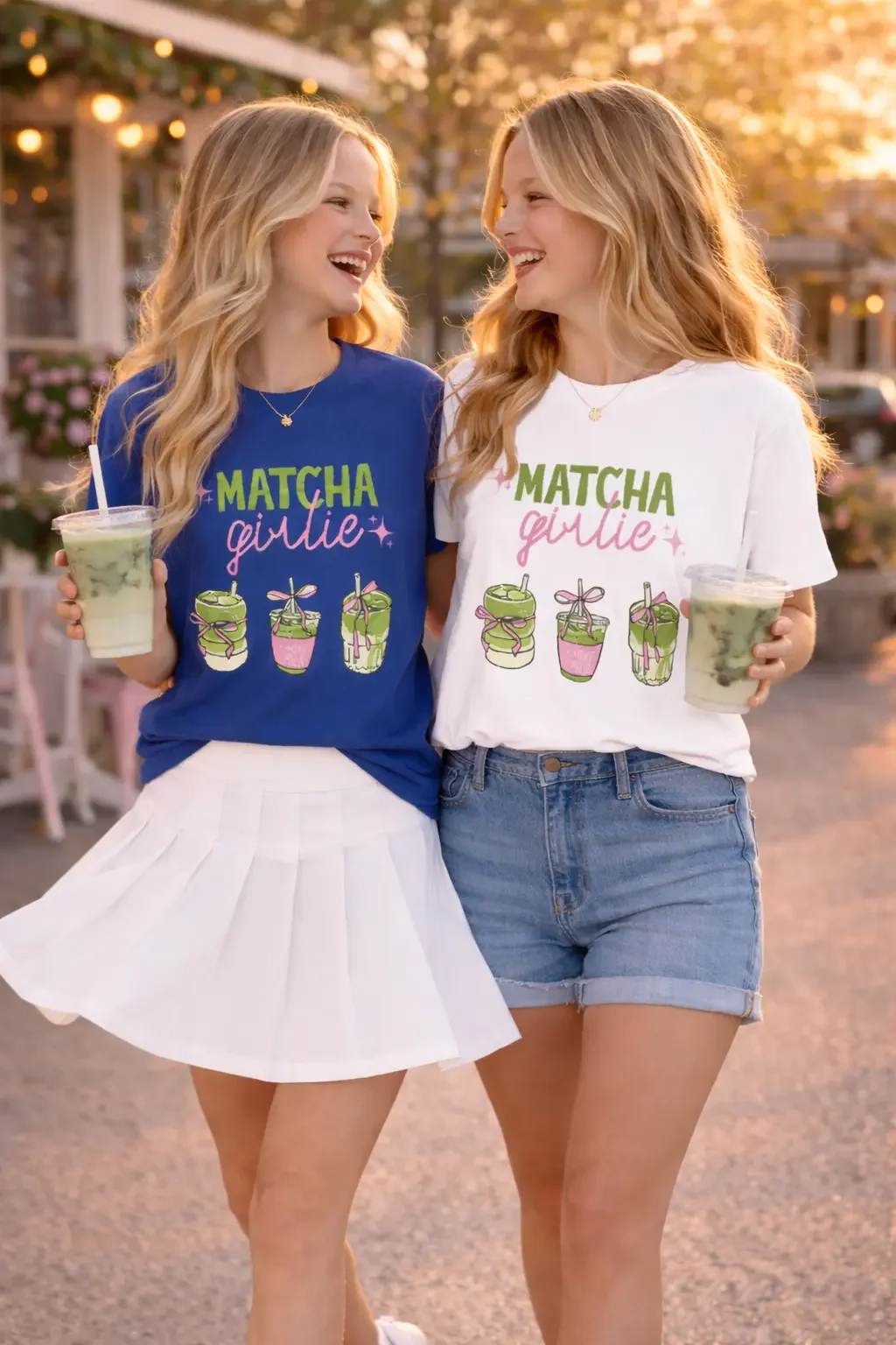 Two girls smiling on a city sidewalk holding iced drinks and wearing matching blue and white matcha girlie tees with a skirt and shorts.