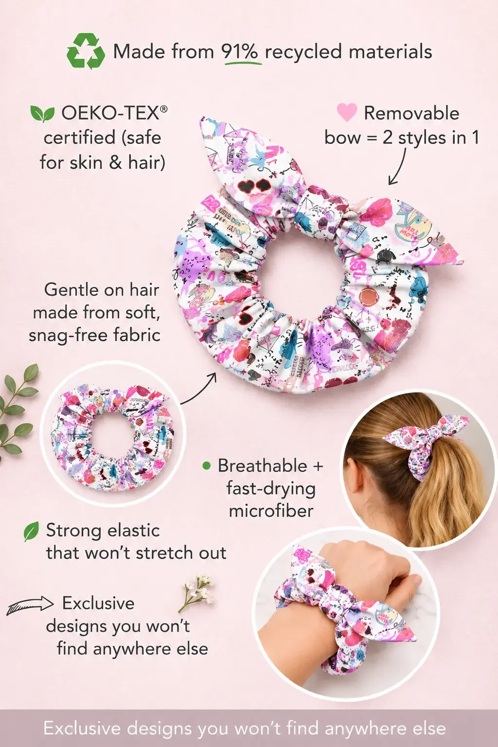 Sustainable country pop music doodle scrunchie infographic highlighting OEKO-TEX certified, snag-free microfiber fabric.