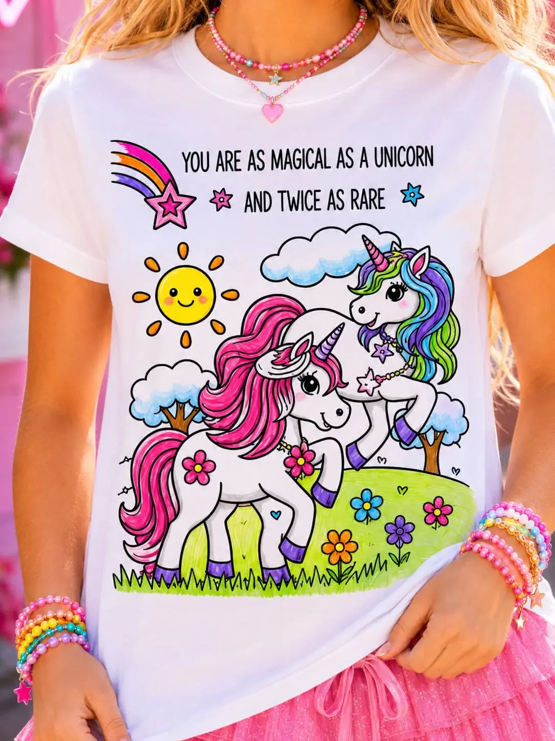 Detailed close-up of a white graphic tee with a brightly colored cartoon unicorn illustration and rainbow details.