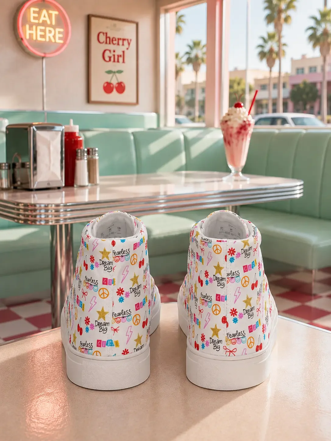 Back heel view of white doodle print high-top sneakers on a diner table with a Cherry Girl sign in the background.