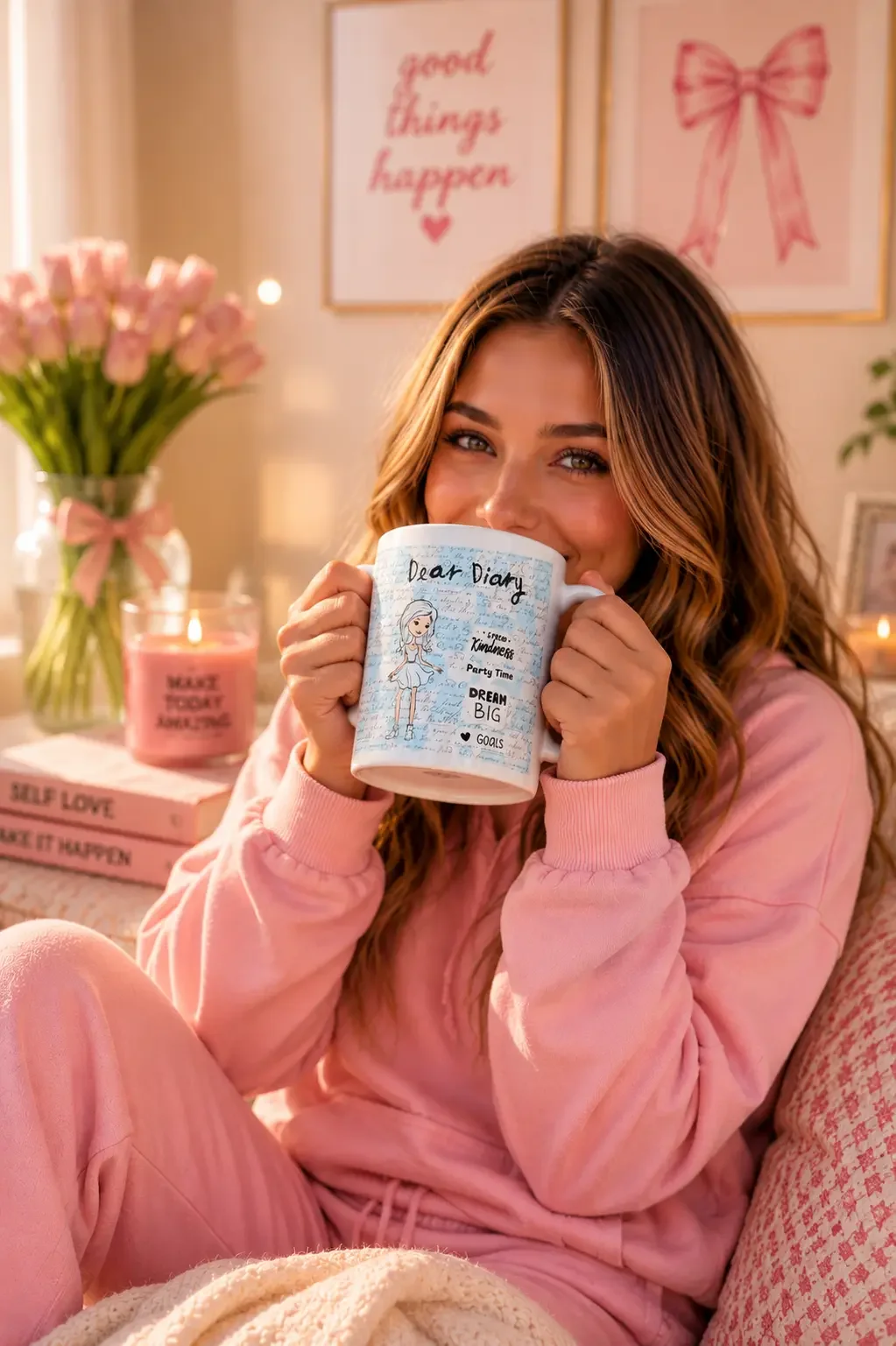 Smiling woman wearing a pink sweatshirt and lounging with a white Dear Diary ceramic mug in a preppy bedroom.