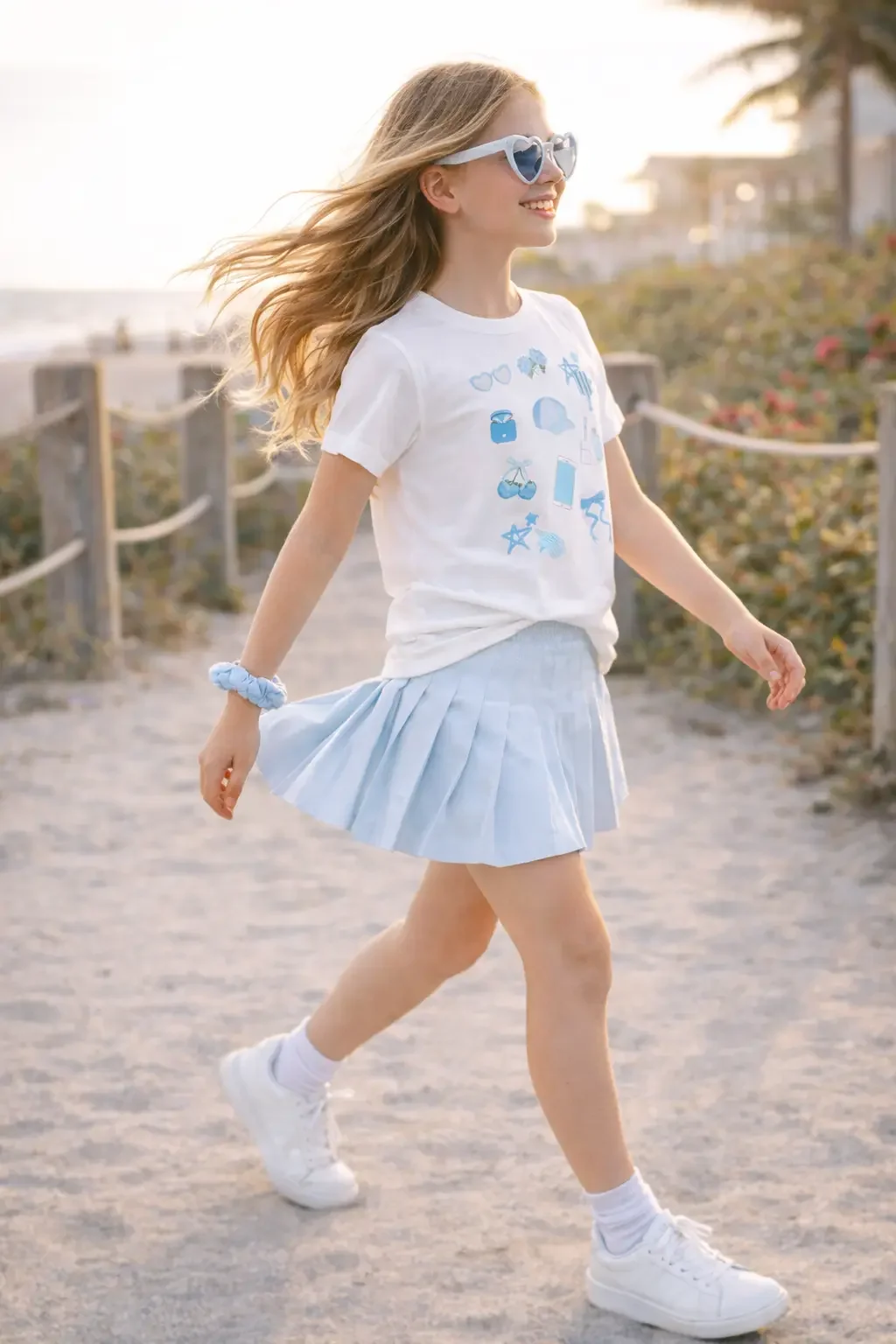 Side view of a young girl walking on a sandy beach path wearing a white blue-doodle graphic tee and blue pleated skirt.