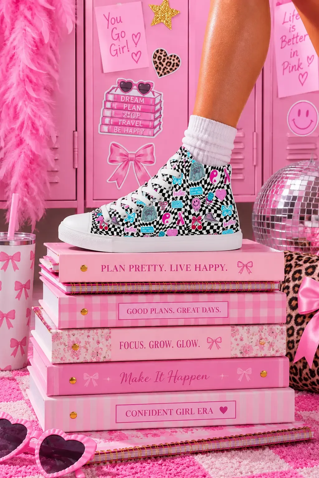 A person wearing black and white checkered canvas high-top sneakers standing on a stack of pink preppy journals by lockers.