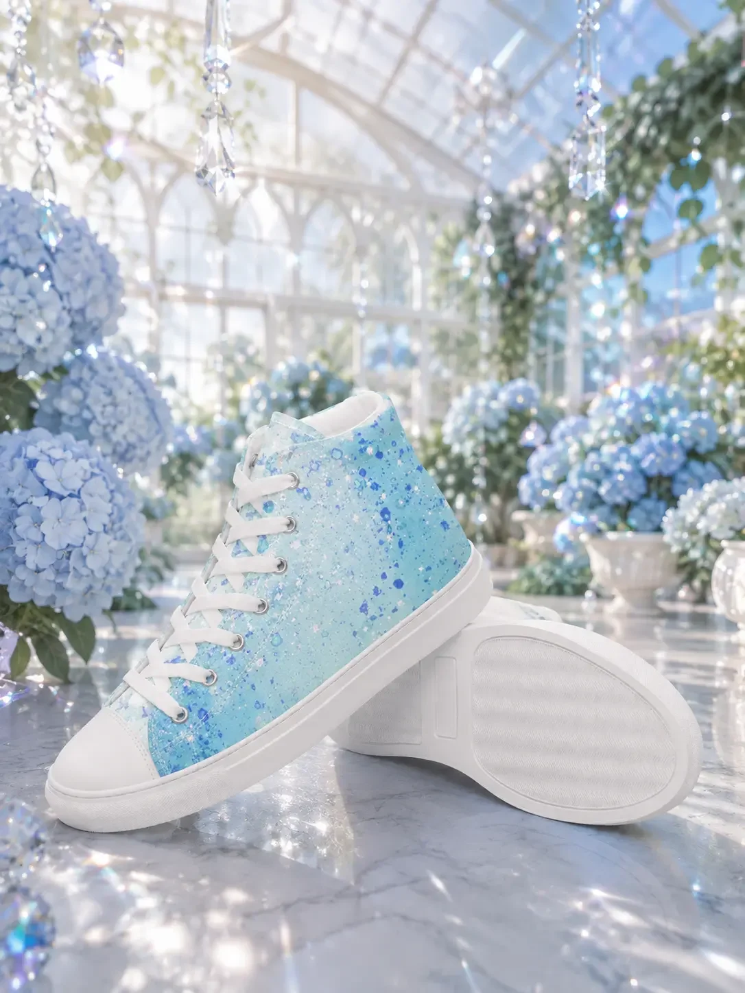 Light blue paint splatter print high-top canvas sneakers displayed in a bright greenhouse filled with blue hydrangeas.