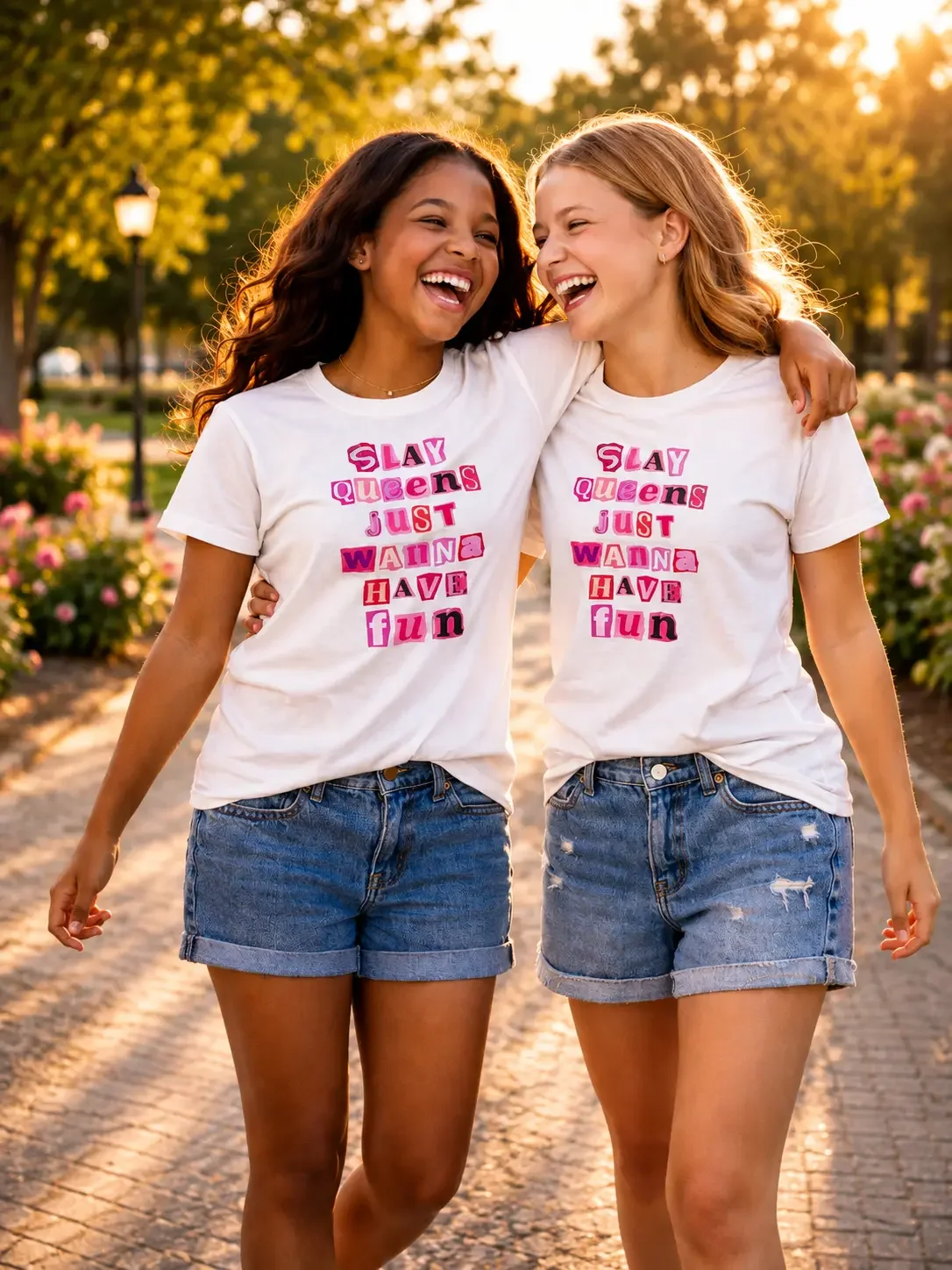 Two laughing friends walking arm-in-arm wearing matching white Slay Queens Just Wanna Have Fun shirts and denim shorts.