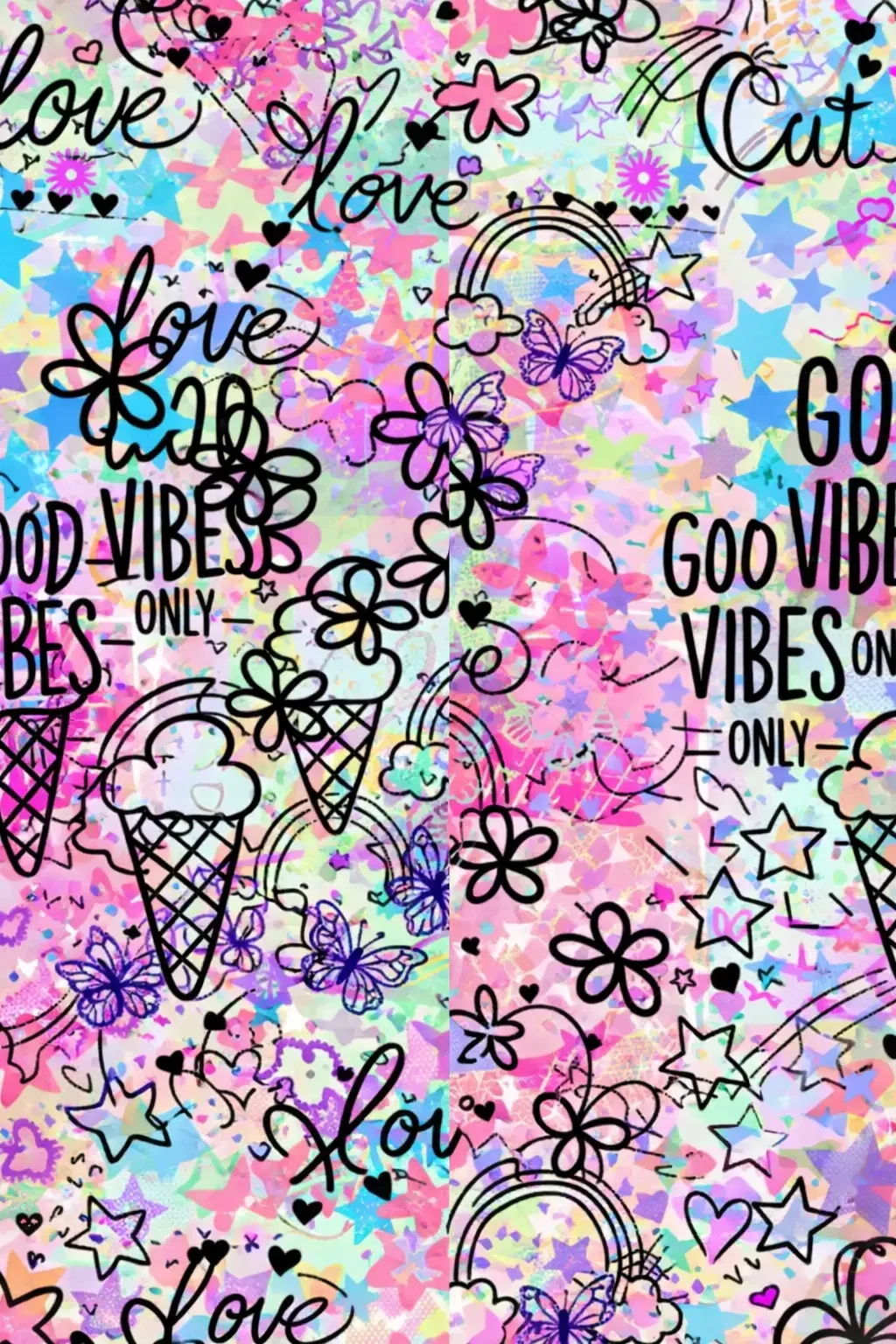 Close-up swatch detail of a multi-colored graffiti fabric texture featuring black outlines of "Good Vibes Only" text, ice cream cones, butterflies, rainbows, and flowers over a pastel star pattern.