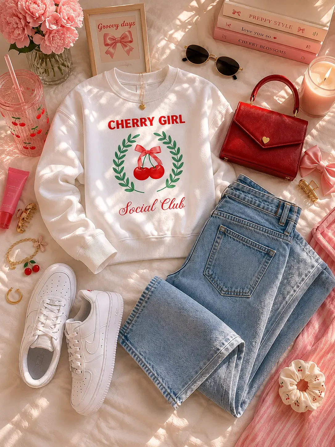 Product view of a white crewneck sweatshirt laid flat showcasing a centered graphic crest design with cherries, a pink ribbon bow, and red text.