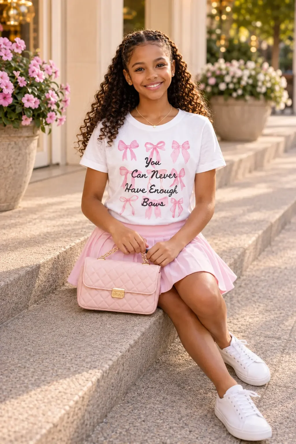 Girl sitting on steps wearing a white graphic t-shirt with a pink skirt, white sneakers, and holding a pink purse.