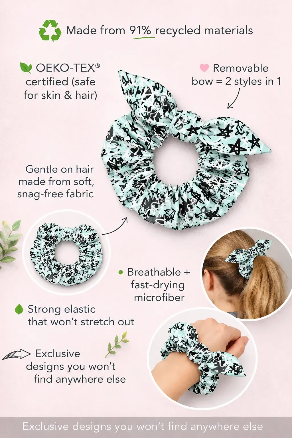 Sustainable mint green Y2K graffiti star bow scrunchie infographic highlighting OEKO-TEX certified microfiber.