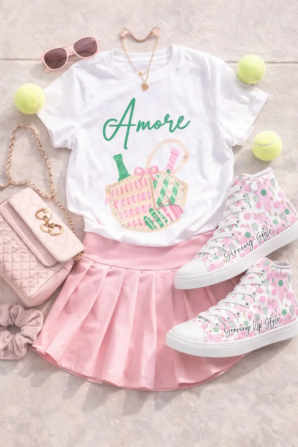 Flat lay of a white Amore pickleball graphic tee and pink pleated skirt styled with high-top sneakers and a quilted bag.