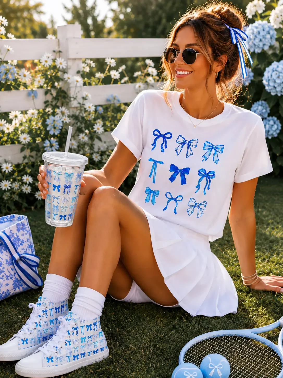 blue-coquette-bow-sneakers-tshirt-garden-sitting-view.webp