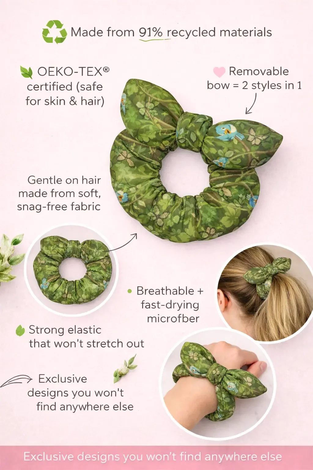 Sustainable green forest bow scrunchie infographic highlighting OEKO-TEX certified, snag-free microfiber fabric.