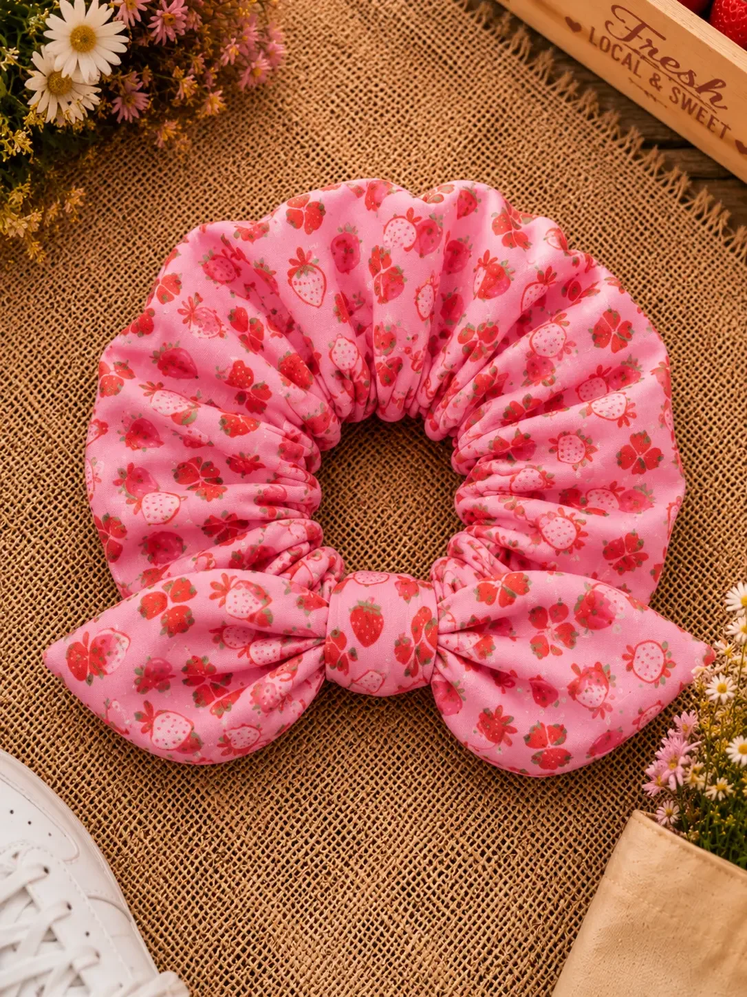 Sweet Strawberry Pink Bow Scrunchie