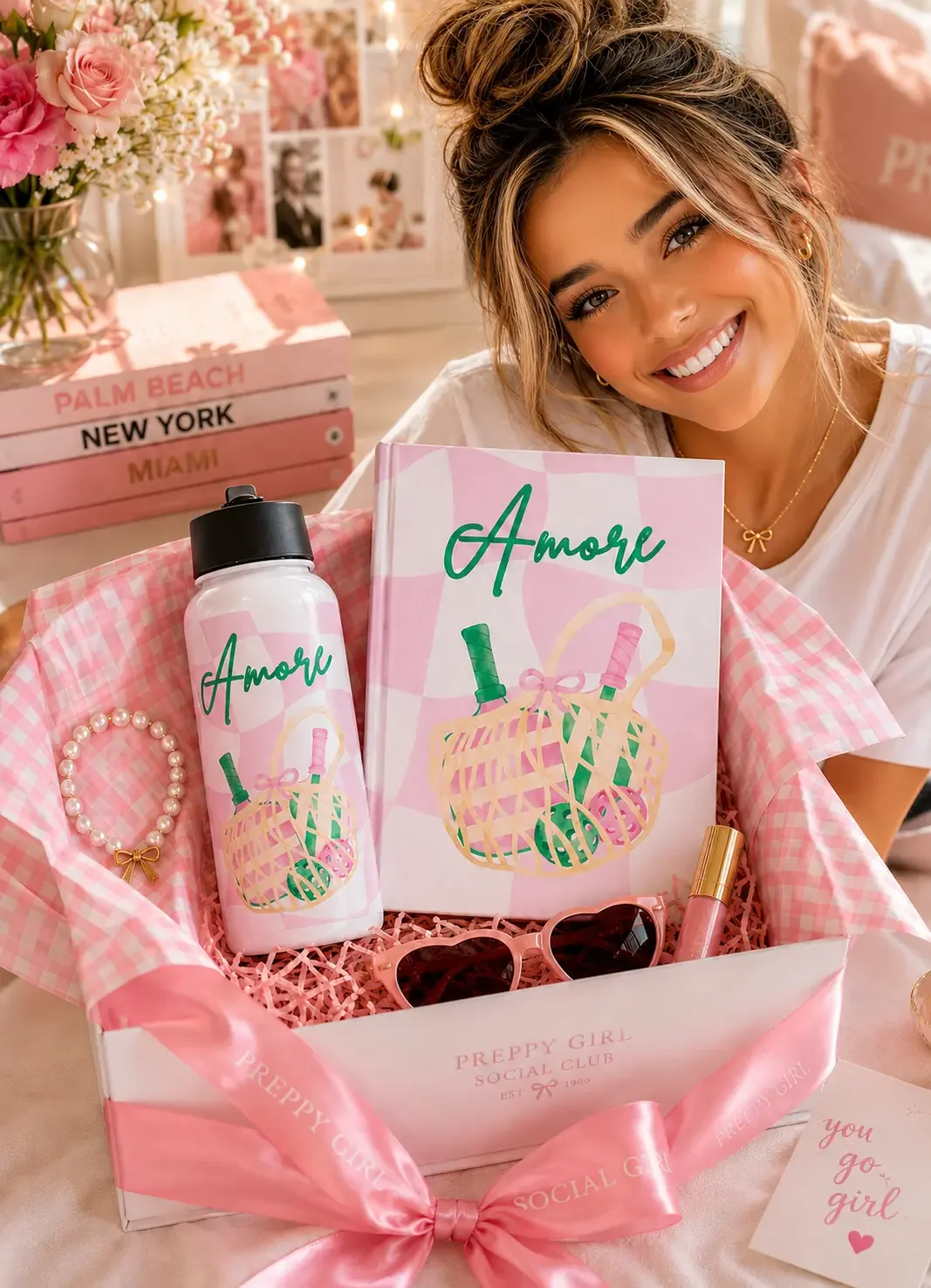 Smiling woman with a hair bun sitting behind a pink preppy gift box filled with an Amore pickleball journal and water bottle.