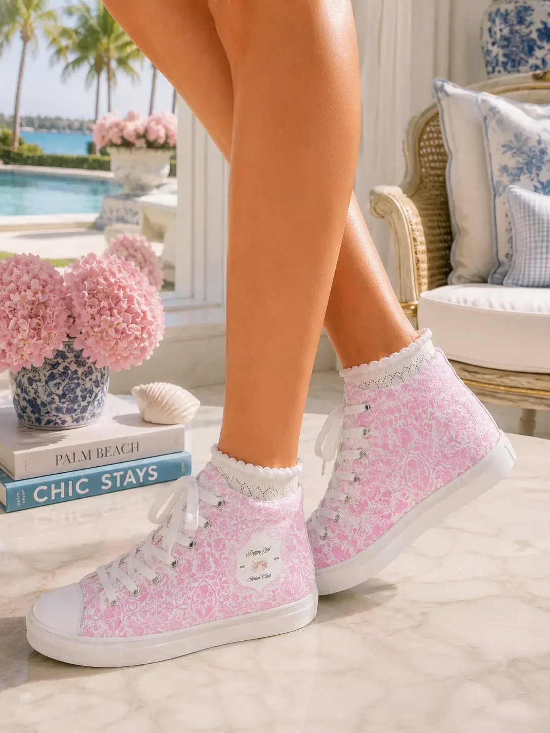 Coquette Bow Pink Damask High Top Sneakers