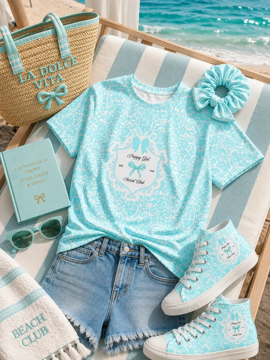 Flat lay beachside display featuring a blue Preppy Girl Social Club tee, denim shorts, matching damask sneakers, tote, and book.