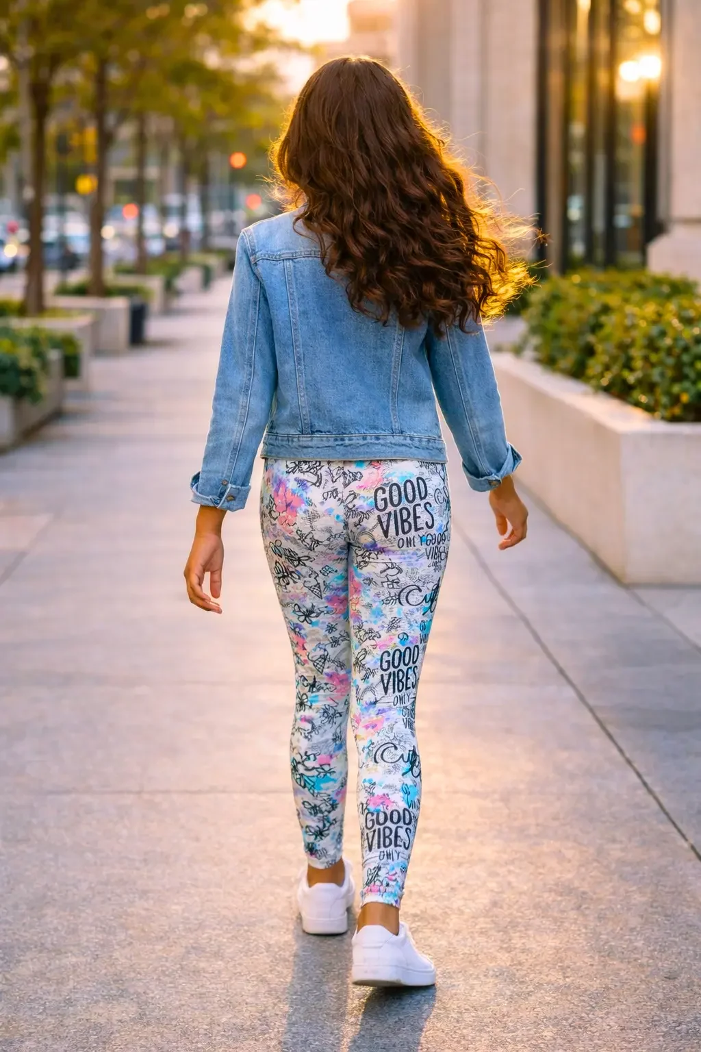 Rear view of girls full-length activewear leggings featuring a "Good Vibes Only" doodle and graffiti print pattern, styled with a denim jacket and white sneakers.