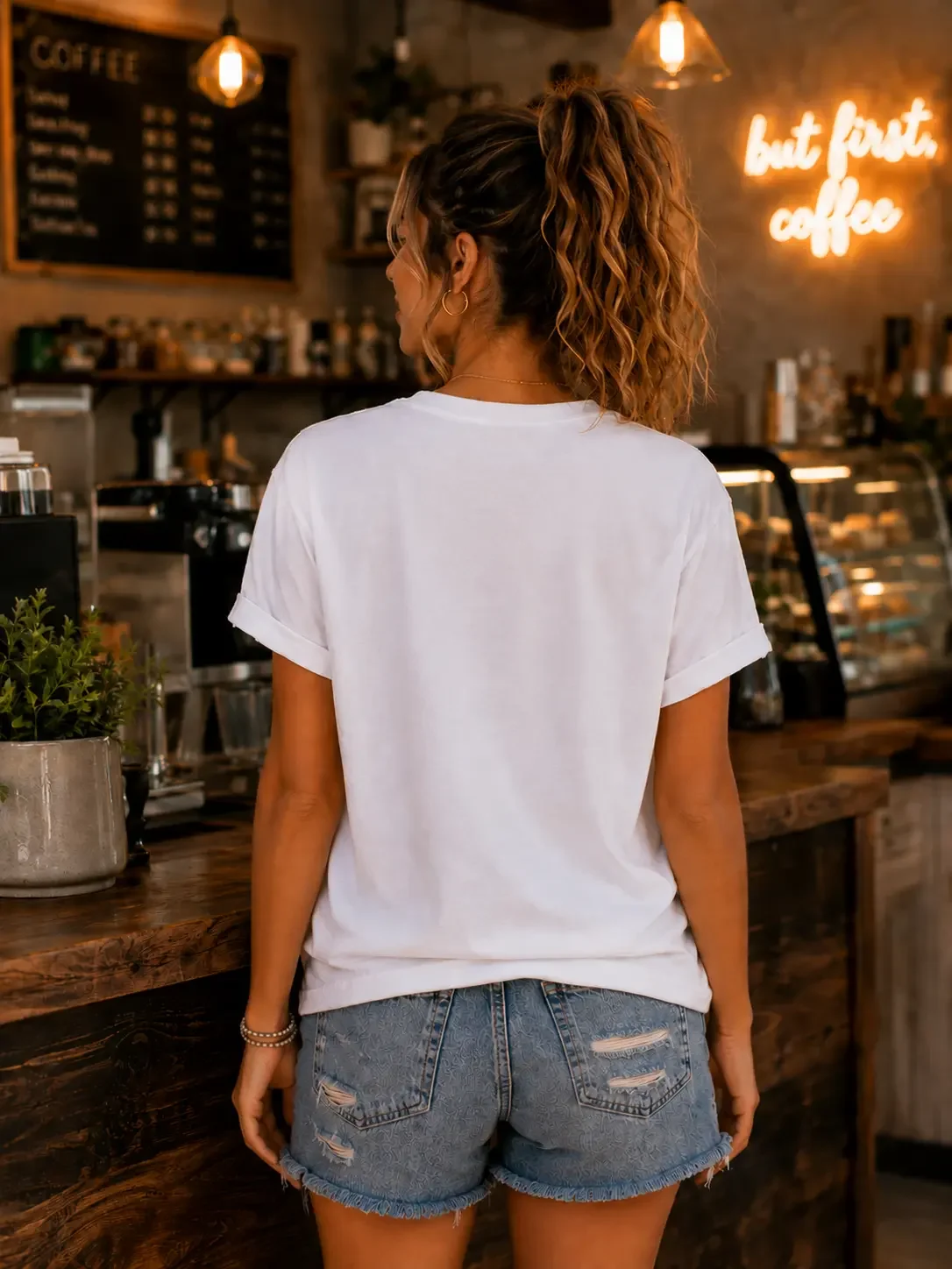 Back view of a woman with a curly ponytail wearing a plain white short-sleeve t-shirt and distressed denim shorts in a cafe.