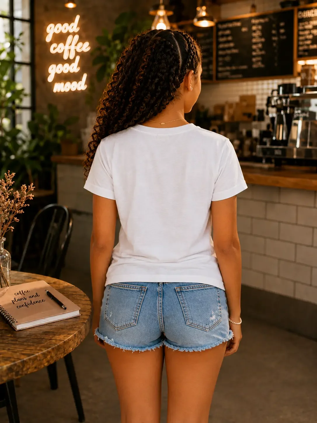 Back view of a woman standing in a cafe wearing a plain white t-shirt and light wash distressed denim shorts.