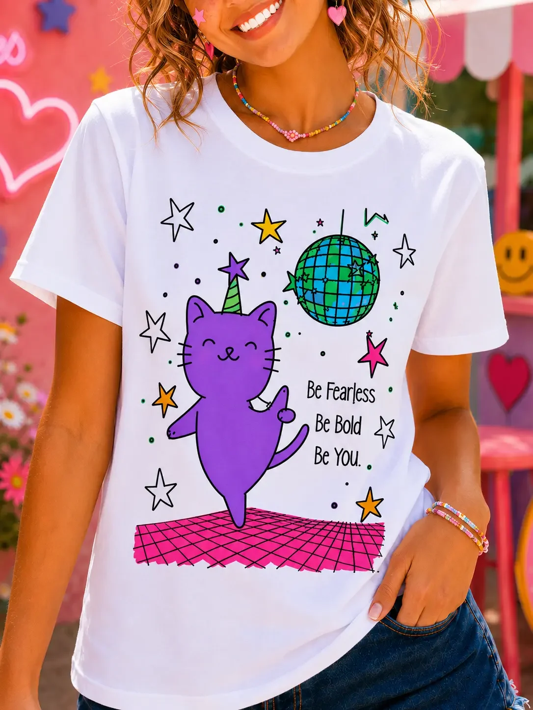 Womens-purple-cat-disco-graphic-tee-close-up.webp