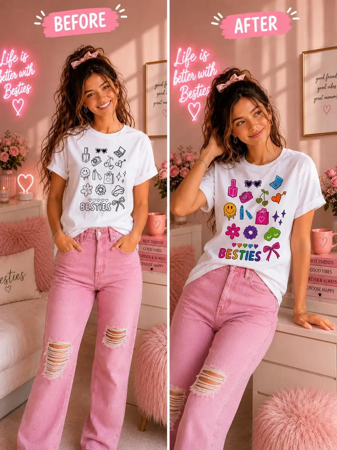 Before and after comparison of a customizable preppy doodle shirt filled in with bright neon fabric markers.