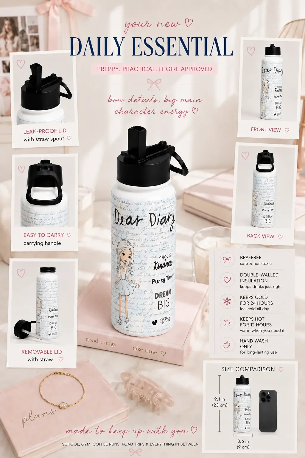 Product info chart showing size dimensions, front and back views, lid options, and features of a journal tumbler.