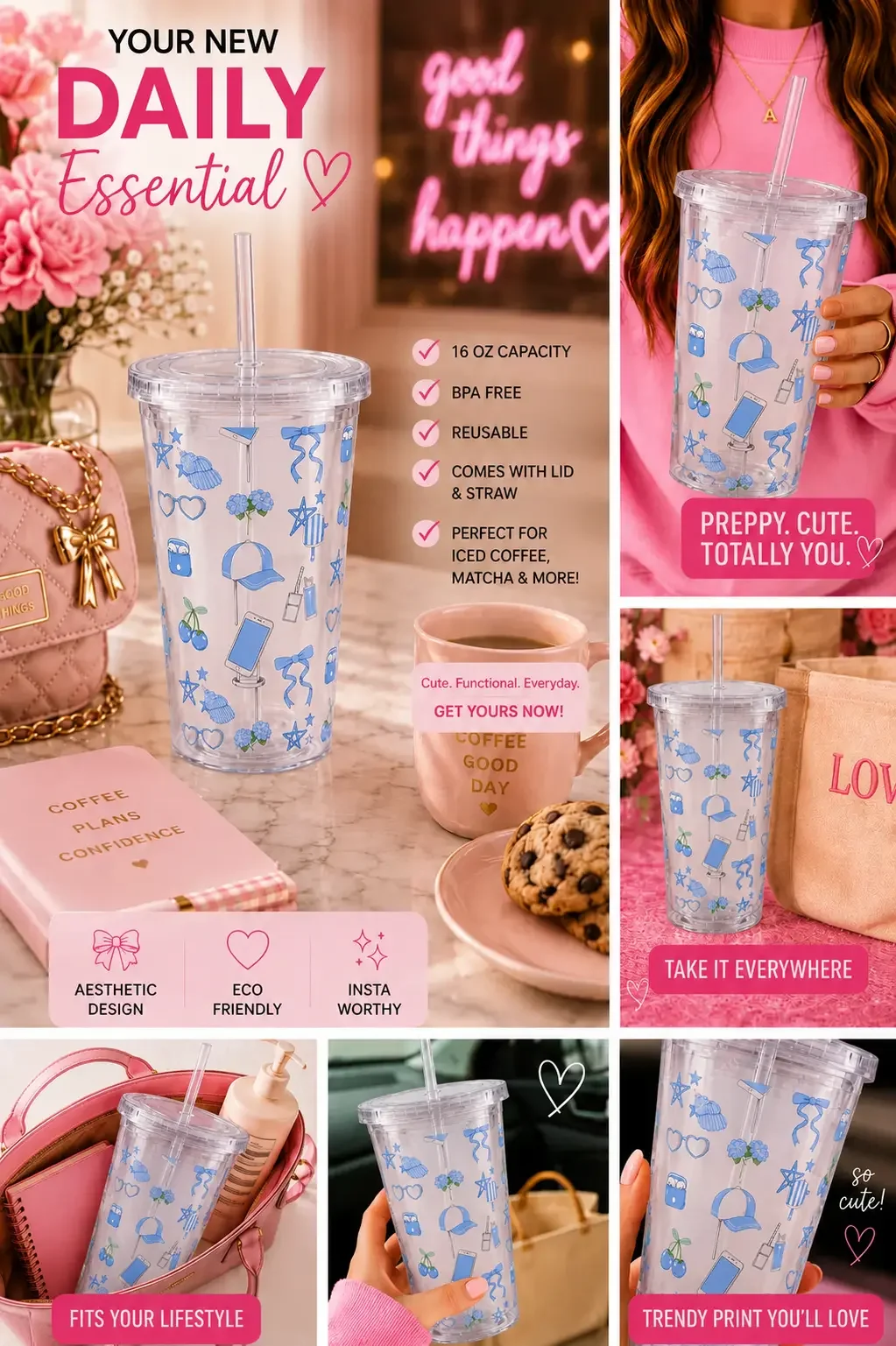 Infographic for a blue doodle preppy cold cup tumbler, highlighting its 16oz reusable features and lifestyle uses.
